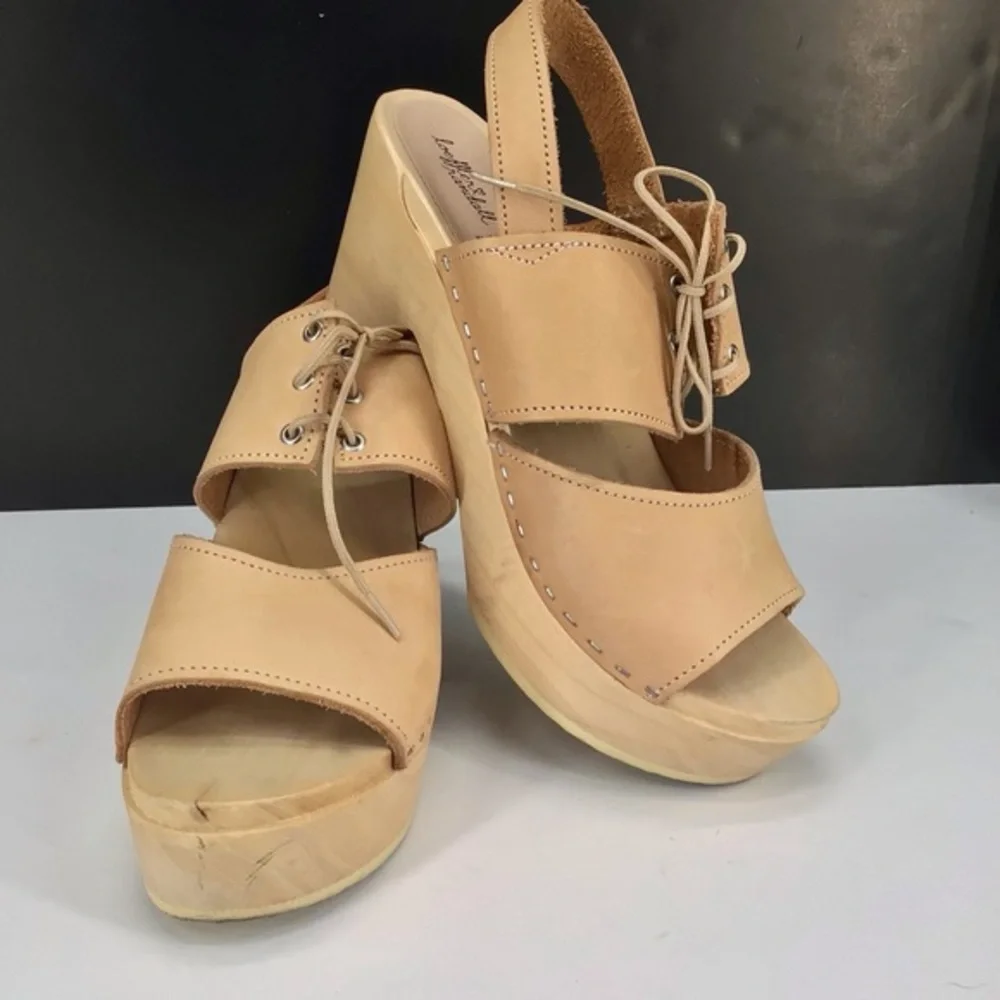Loeffler Randall Beige Leather Open Toe Block Heel Clog Sandals Size 39 US 8.5